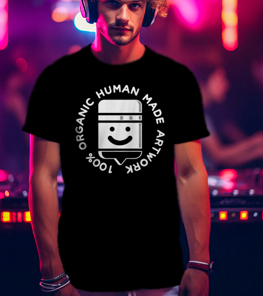 100% Organic Human Made Artwork Smiley Face Badge T-Shirt