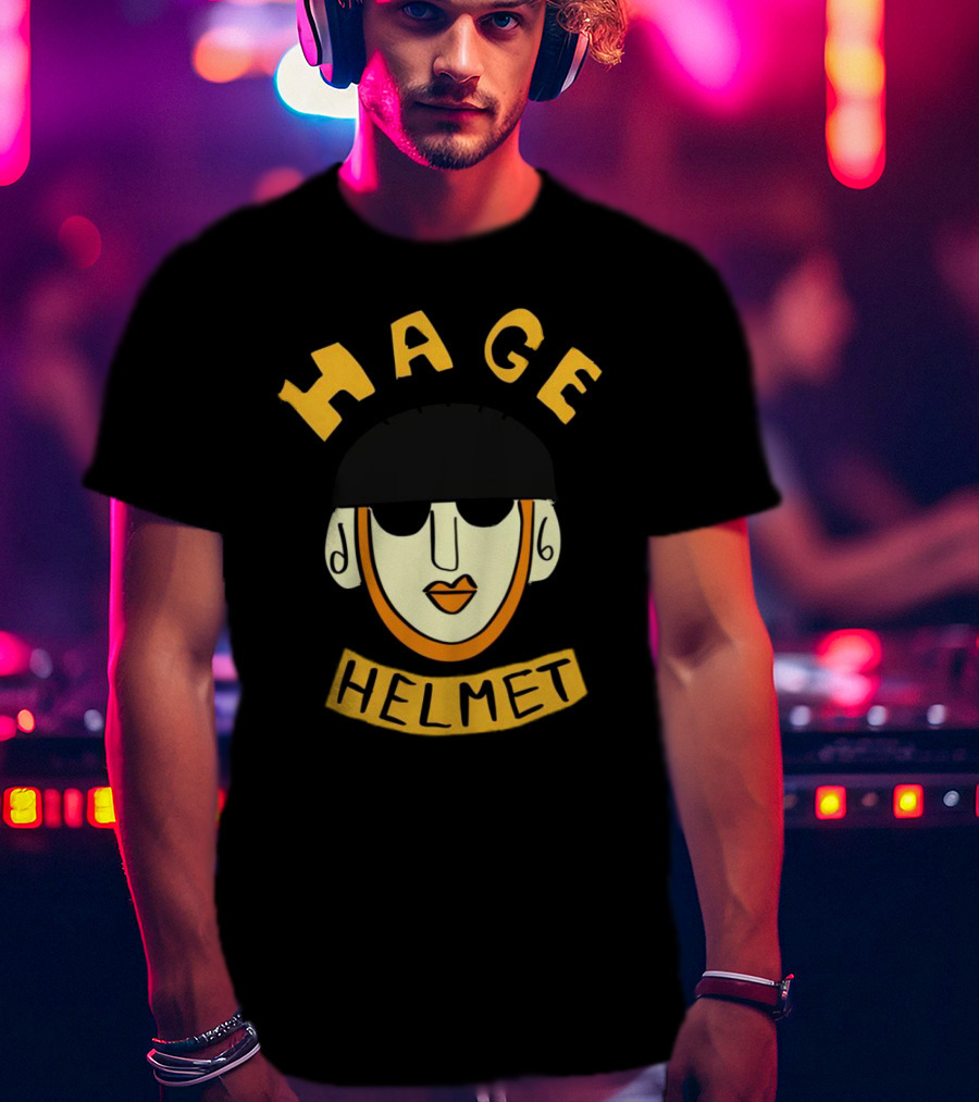 HAGE Helmet Face Black Cap Bold Lettering T-Shirt