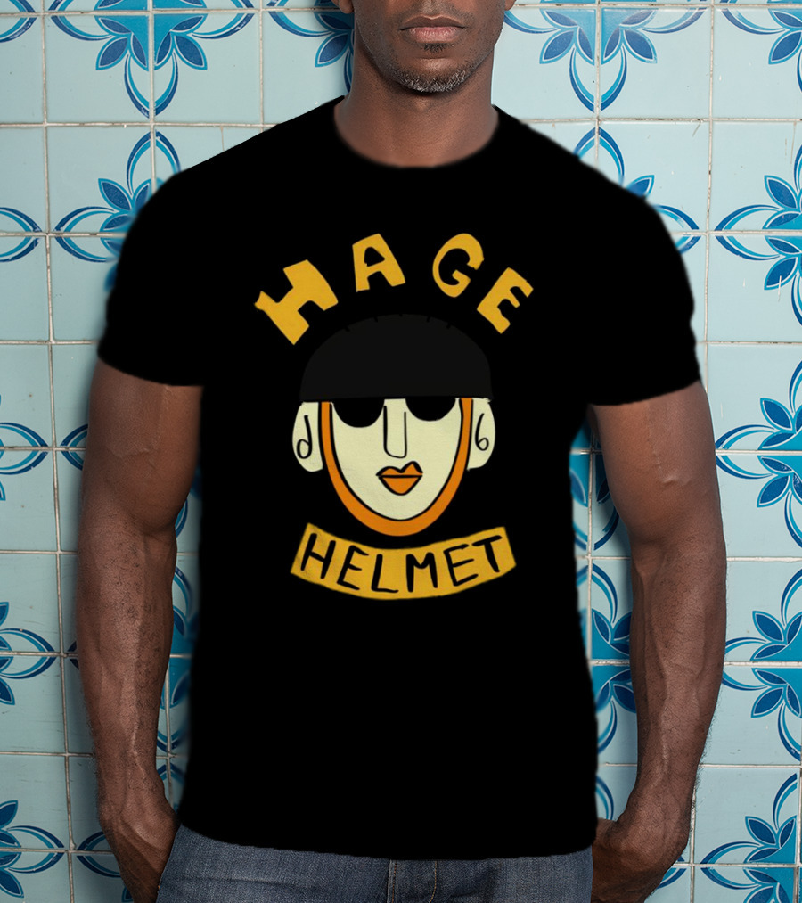HAGE Helmet Face Black Cap Bold Lettering T-Shirt