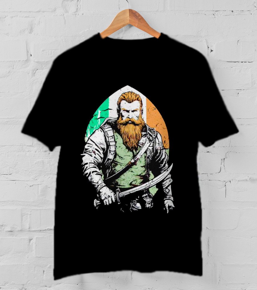 Irish American Pride Warrior With Sword And Flag Background T-Shirt