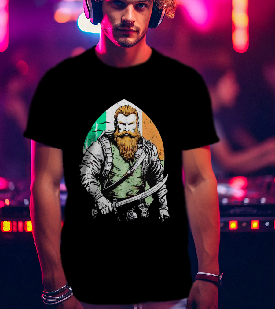 Irish American Pride Warrior With Sword And Flag Background T-Shirt