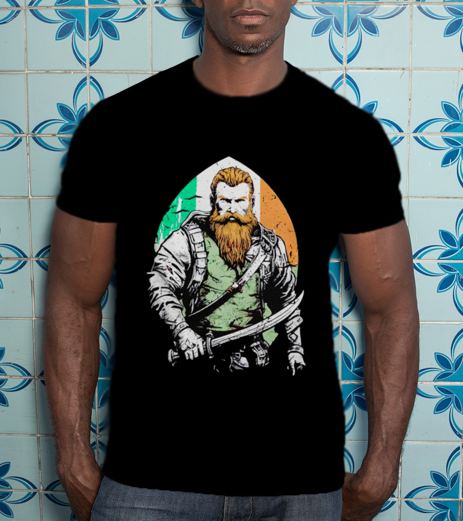 Irish American Pride Warrior With Sword And Flag Background T-Shirt