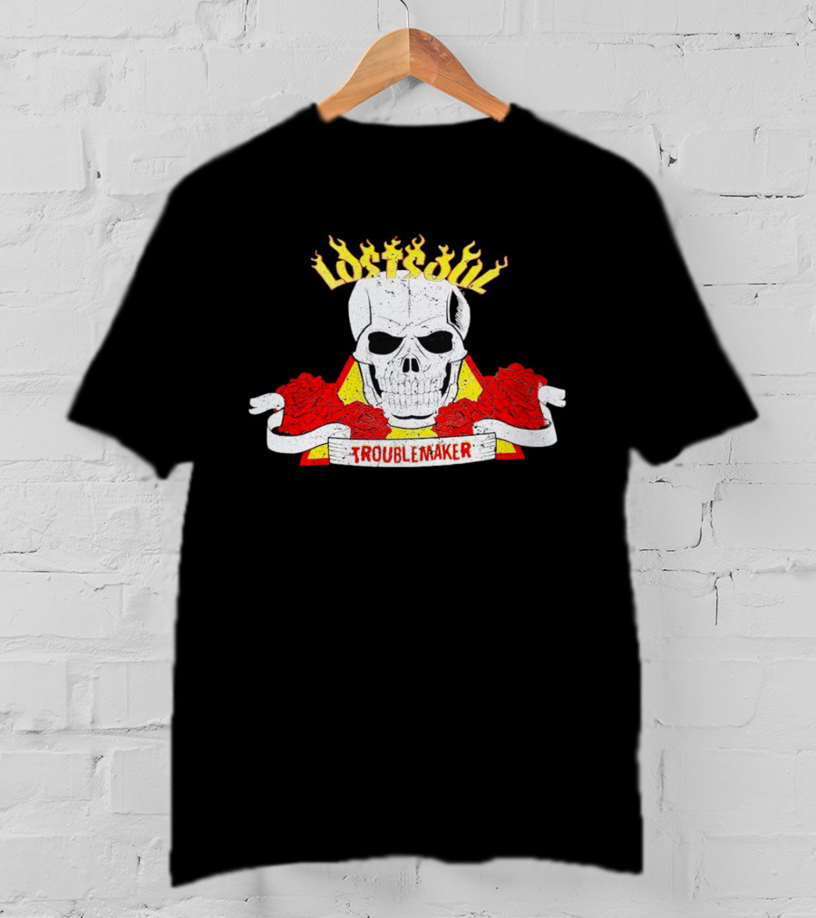Lost Soul Skull With Flaming Text And Red Roses Troublemaker T-Shirt