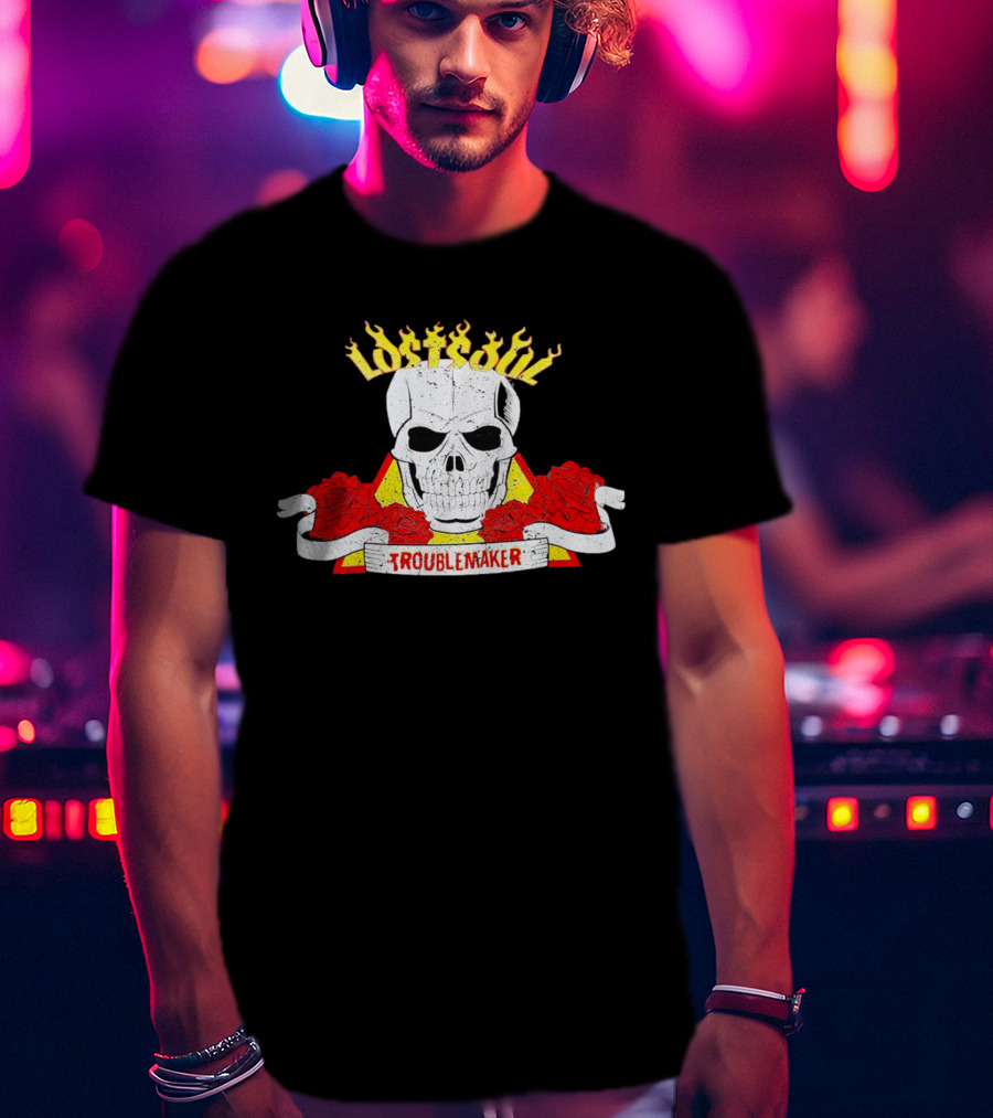 Lost Soul Skull With Flaming Text And Red Roses Troublemaker T-Shirt