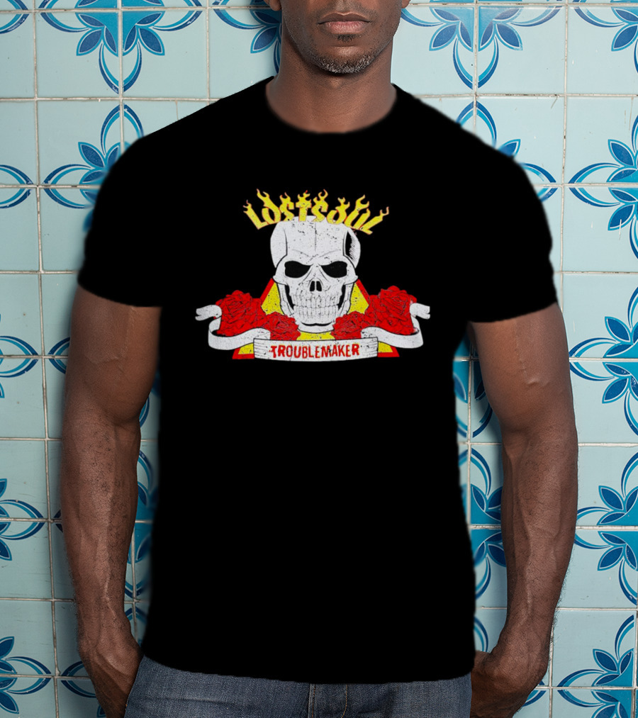 Lost Soul Skull With Flaming Text And Red Roses Troublemaker T-Shirt