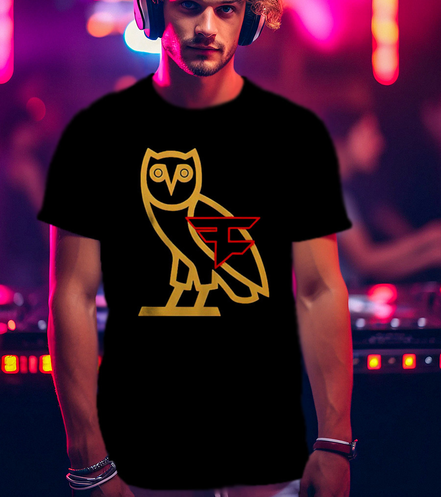 OVO X FaZe Clan OG Owl Red And Gold Logo Collaboration T-Shirt