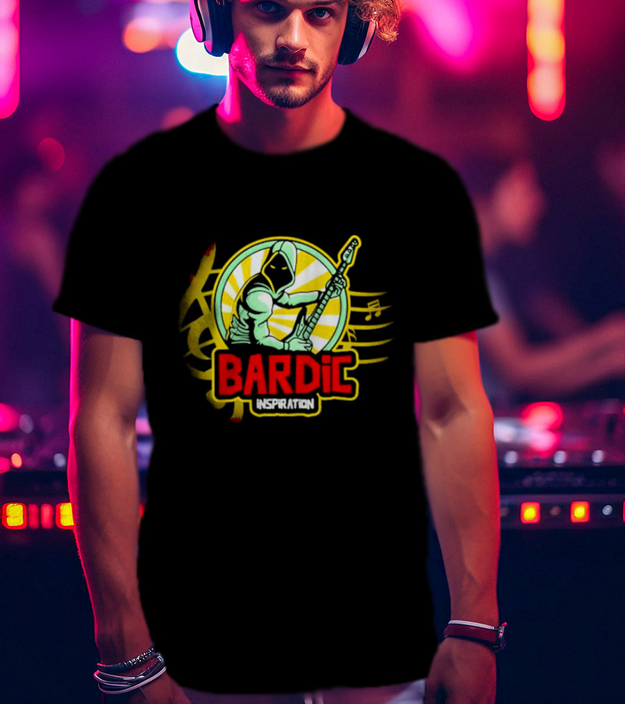 Bardic Inspiration Musical Hooded Figure With Guitar And Notes T-Shirt