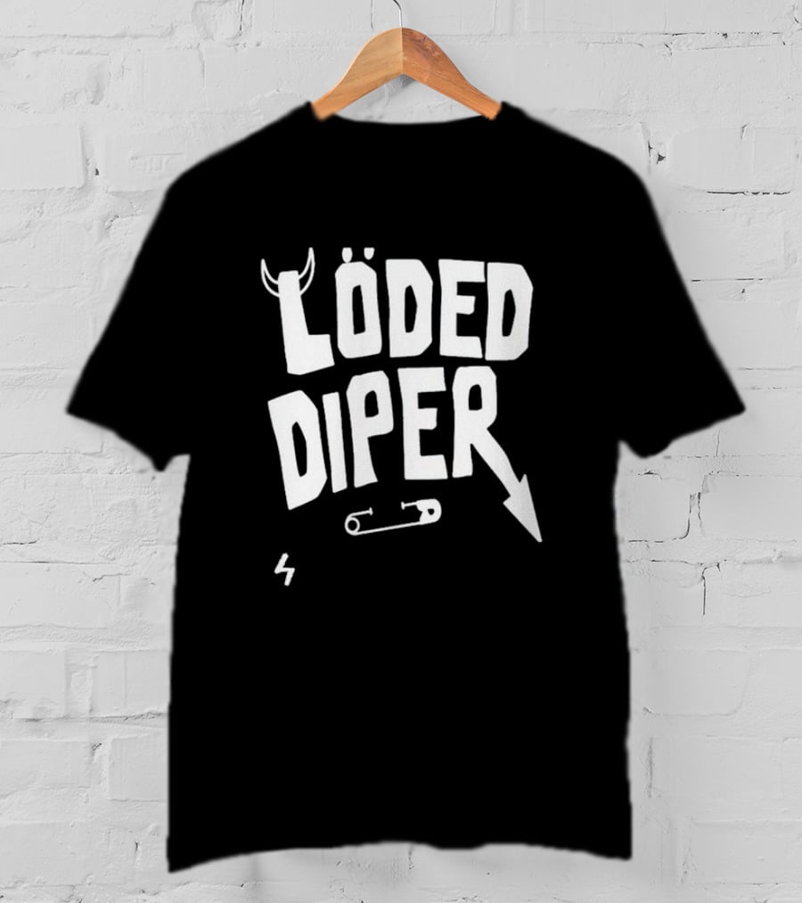 Löded Diper Band Logo With Horns, Arrow, Safety Pin, And Lightning Bolt T-Shirt