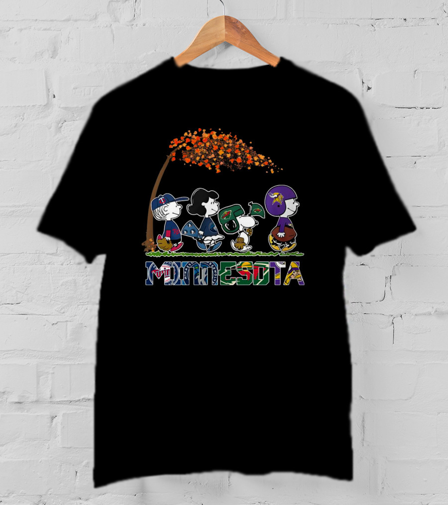 Minnesota Peanuts Characters In Sports Attire Walking Under Autumn Tree T-Shirt