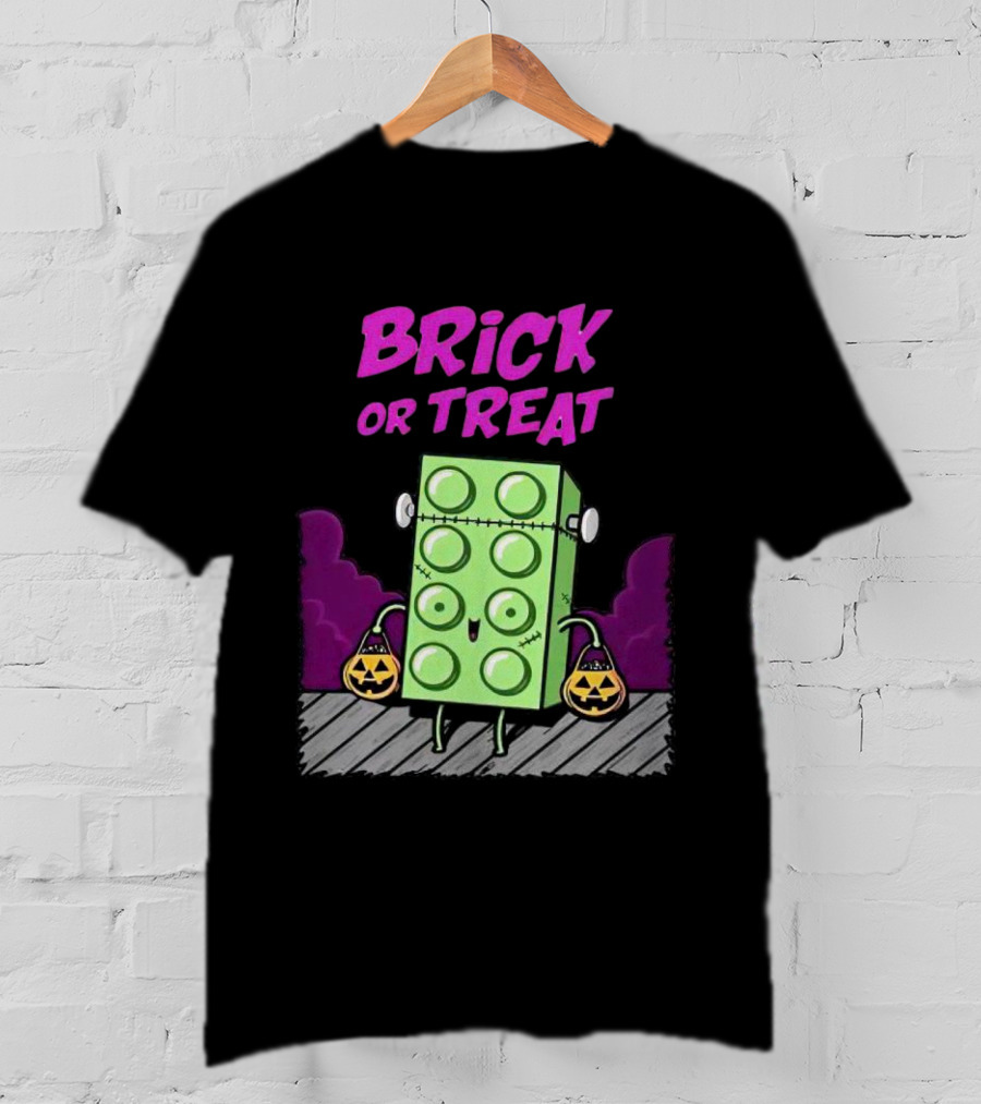 Brick Or Treat Halloween Green Block With Jack-o'-Lanterns Cartoon T-Shirt