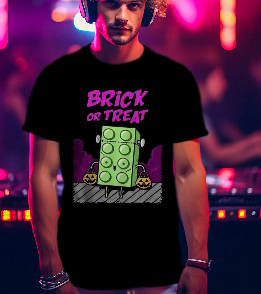 Brick Or Treat Halloween Green Block With Jack-o'-Lanterns Cartoon T-Shirt