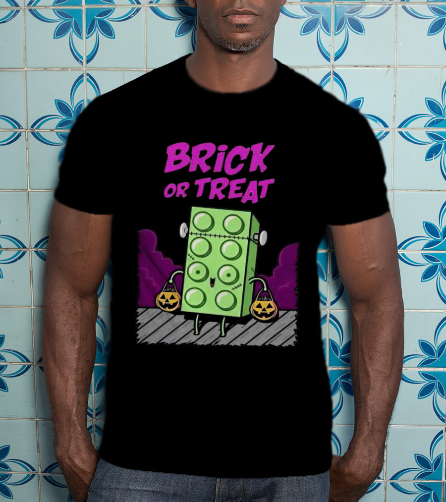 Brick Or Treat Halloween Green Block With Jack-o'-Lanterns Cartoon T-Shirt