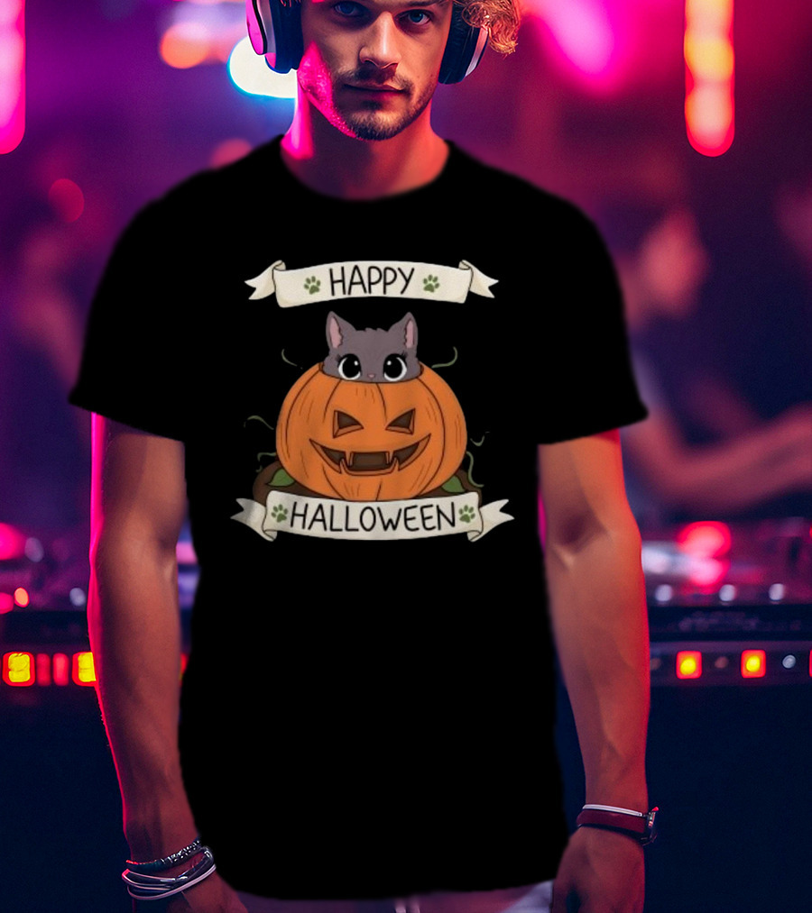 Happy Halloween Cute Cat In Pumpkin T-Shirt