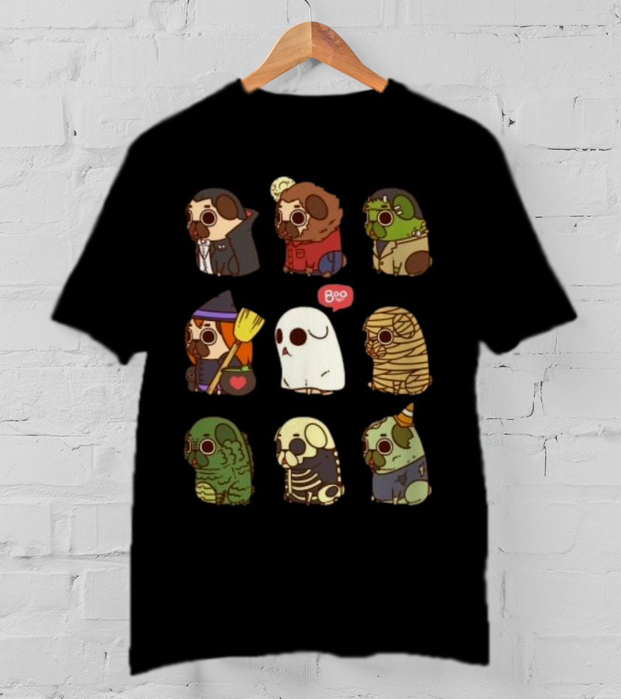 Halloween Puglie Vampire Werewolf Zombie Witch Ghost Mummy Creature Skeleton Clown T-Shirt