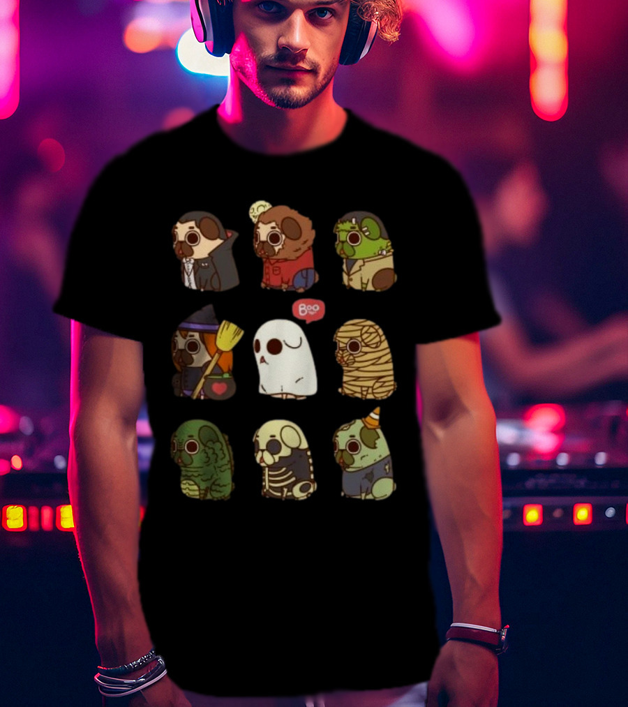 Halloween Puglie Vampire Werewolf Zombie Witch Ghost Mummy Creature Skeleton Clown T-Shirt