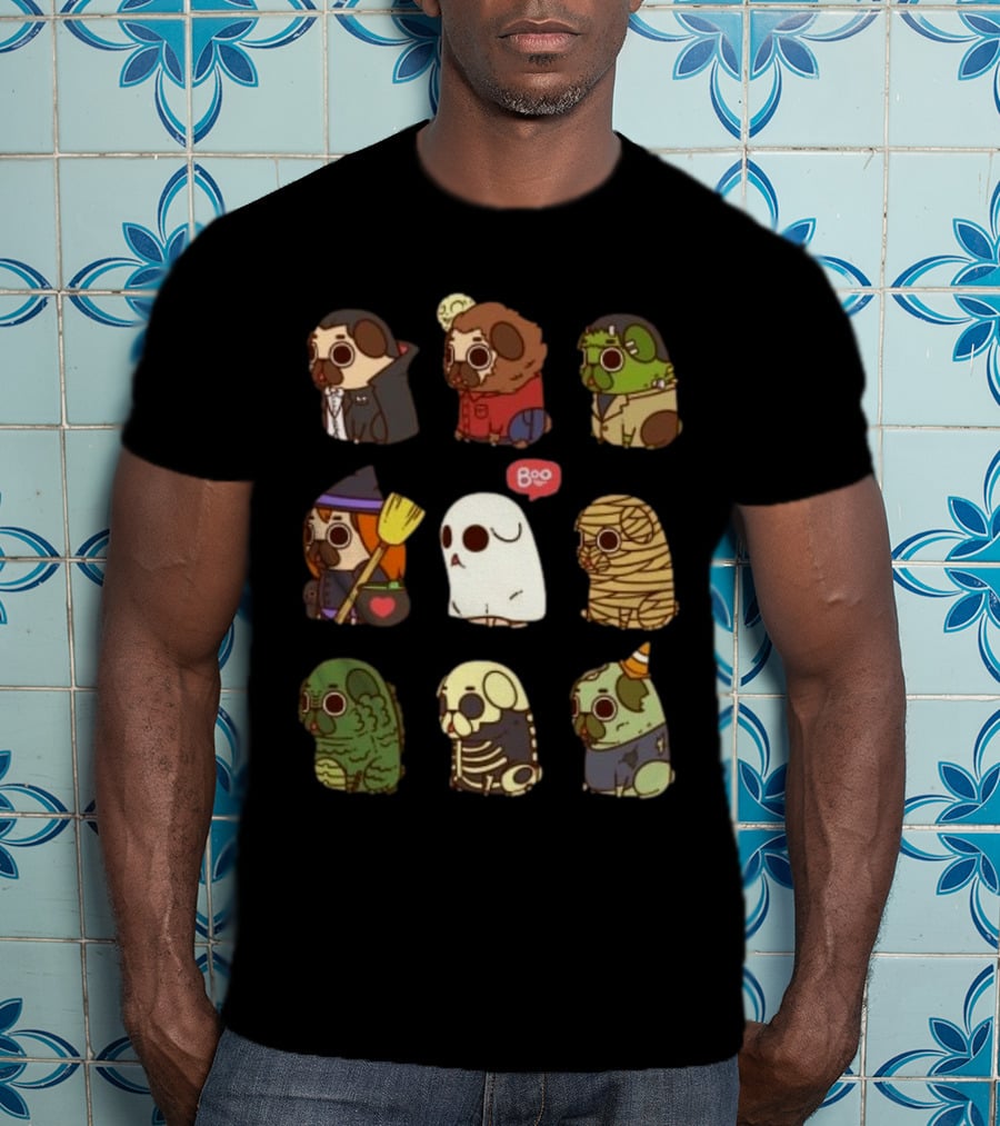 Halloween Puglie Vampire Werewolf Zombie Witch Ghost Mummy Creature Skeleton Clown T-Shirt