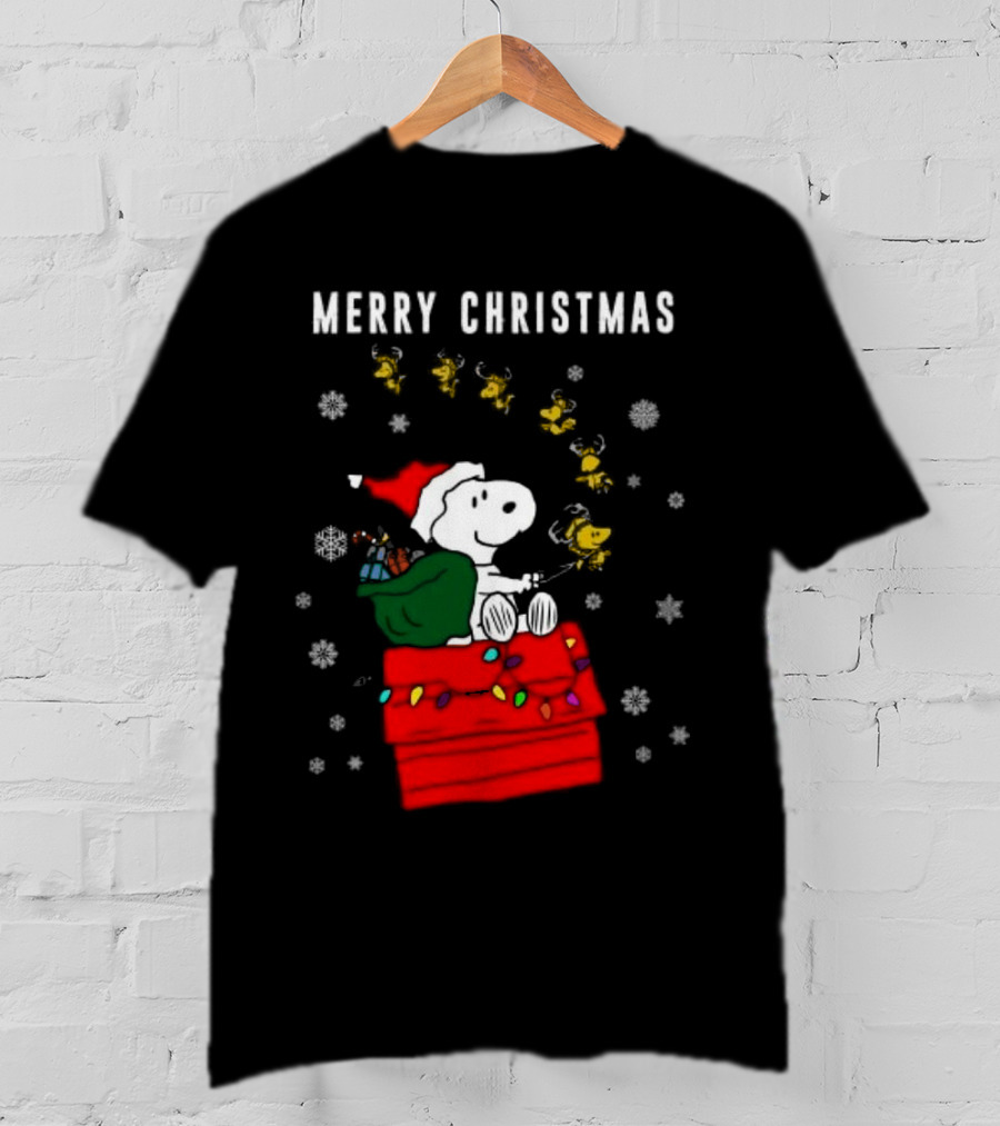Merry Christmas Snoopy Santa On Doghouse With Reindeer And Snowflakes T-Shirt