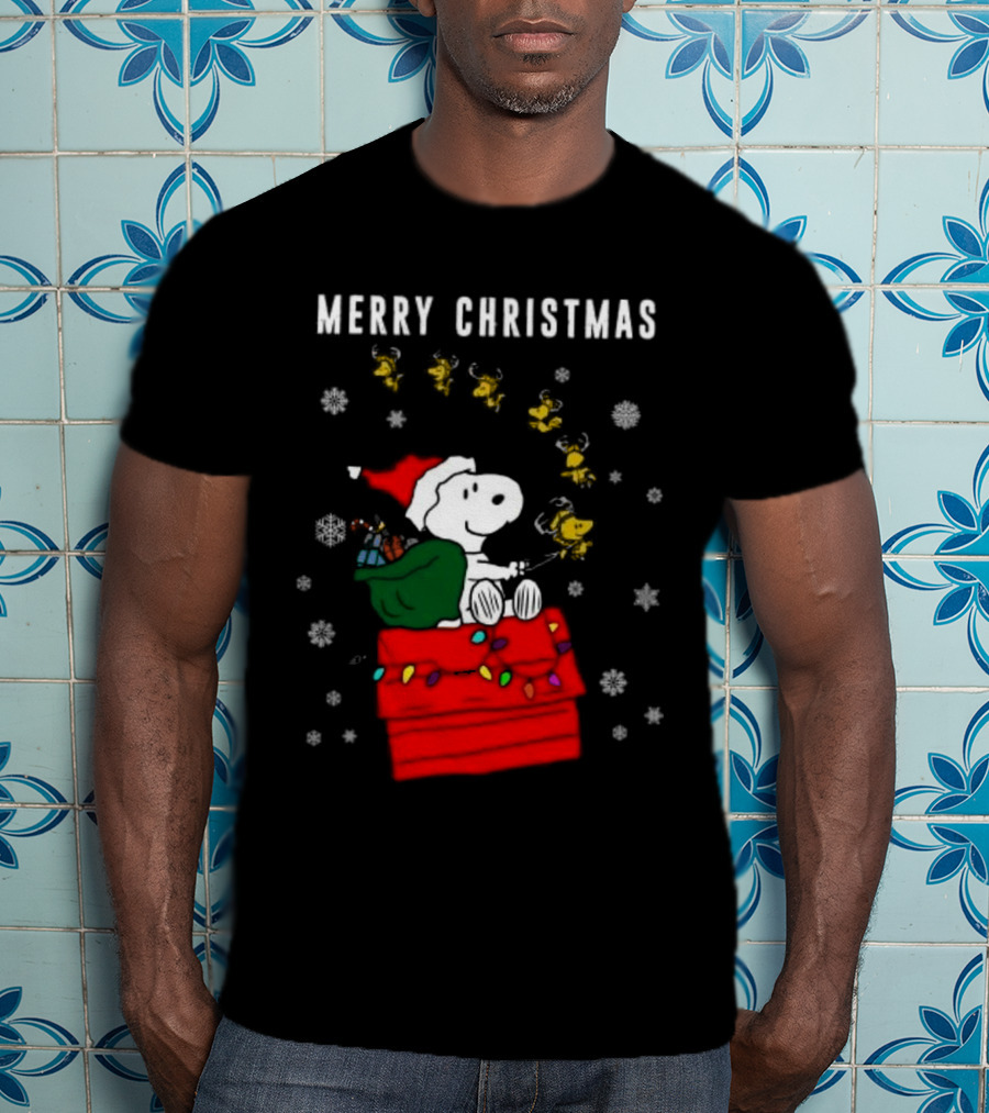 Merry Christmas Snoopy Santa On Doghouse With Reindeer And Snowflakes T-Shirt