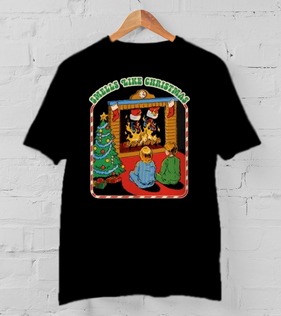 Smells Like Christmas By The Fireplace With Christmas Tree And Stockings T-Shirt