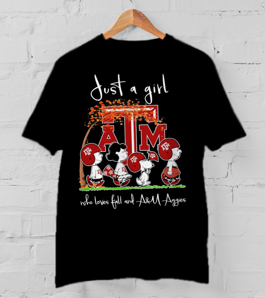 Just A Girl Who Loves Fall And Texas A&M Aggies With Peanuts Characters T-Shirt
