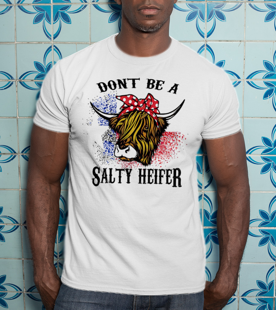 Don't Be A Salty Heifer Highland Cow With American Flag Colors T-Shirt