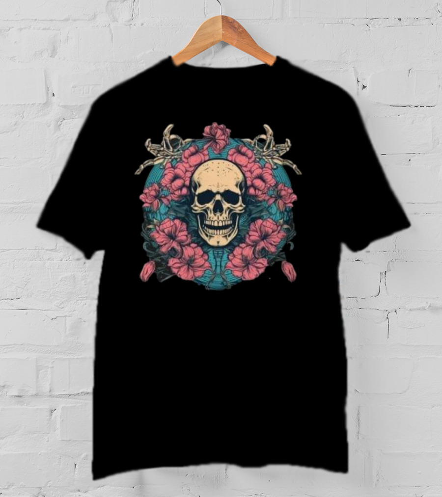 Tropical Skull Surrounded By Flowers Halloween T-Shirt