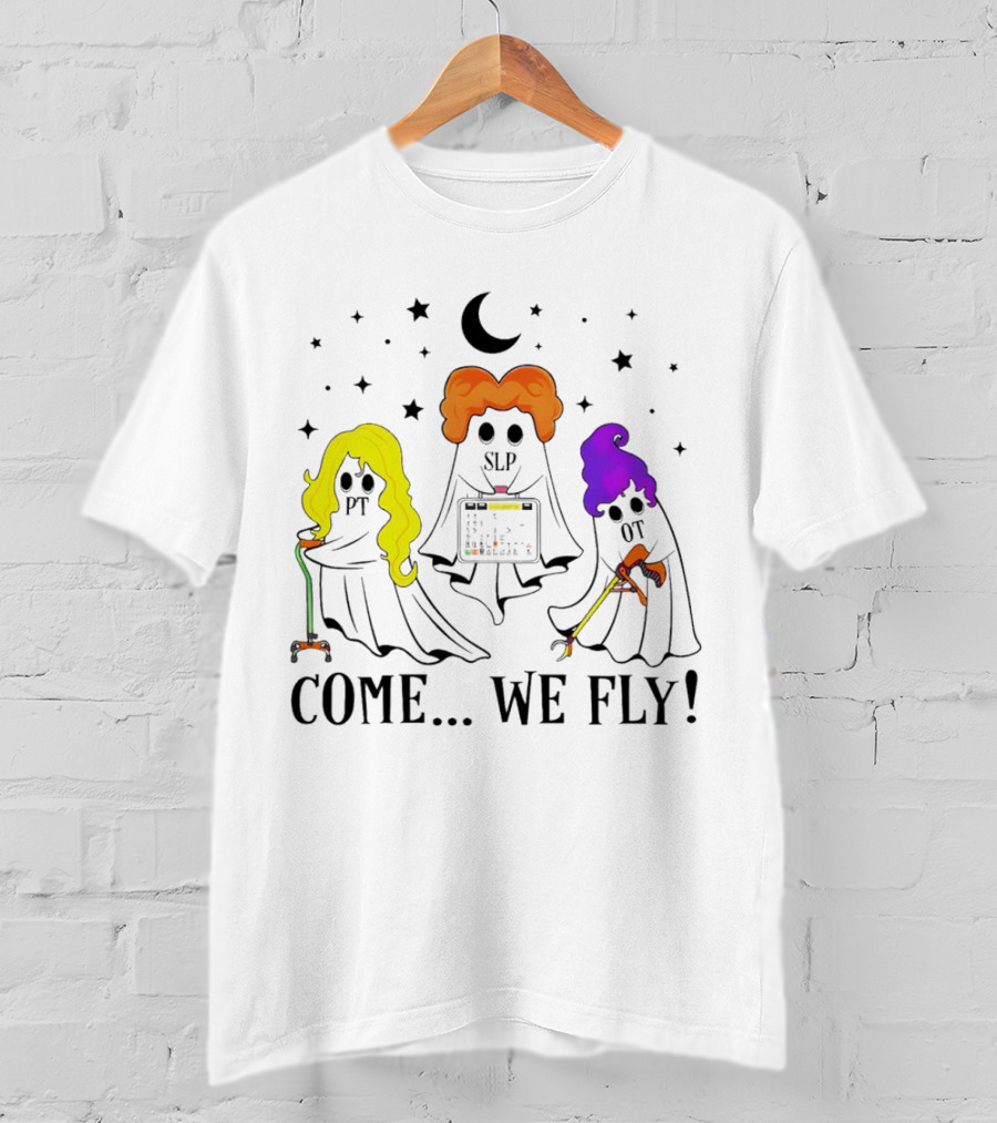Hocus Pocus Come We Fly PT SLP OT Halloween Ghosts Black Cloaks Moon Stars T-Shirt