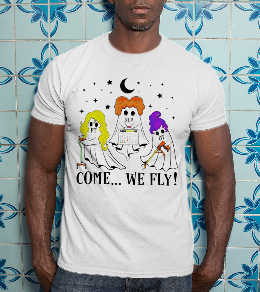 Hocus Pocus Come We Fly PT SLP OT Halloween Ghosts Black Cloaks Moon Stars T-Shirt