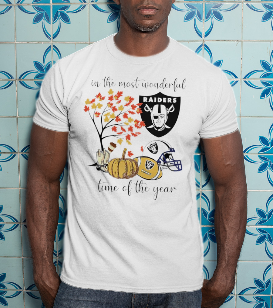 In The Most Wonderful Time Of The Year Raiders Football Thanksgiving Celebration With Autumn Leaves And Pumpkin T-Shirt