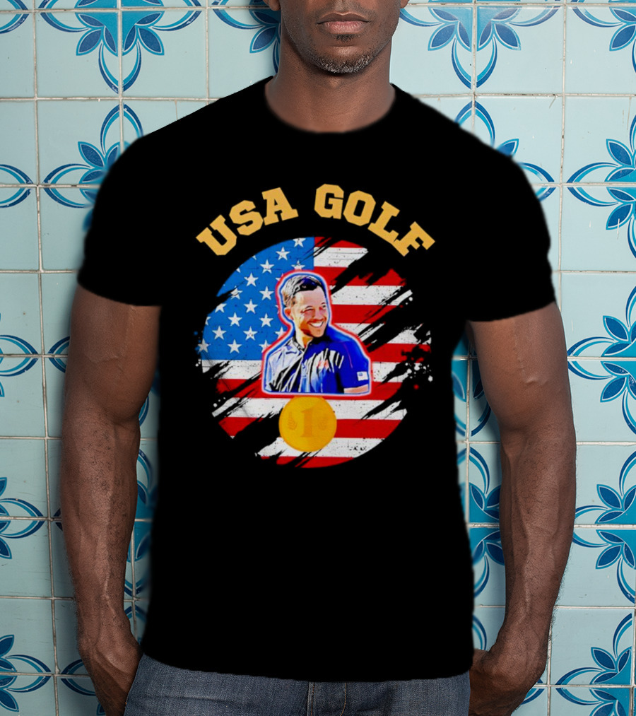 USA Golf Xander Schauffele USA Flag Gold Medal T-Shirt
