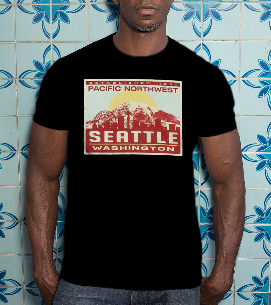 Seattle Pacific Northwest Established 1851 Washington Skyline Ferris Wheel Sun Mountain T-Shirt