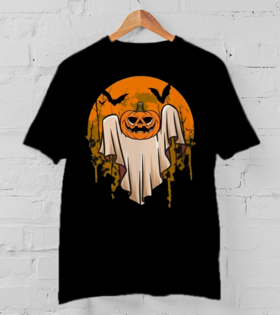 Ghostly Pumpkin Head With Bats And Full Moon T-Shirt