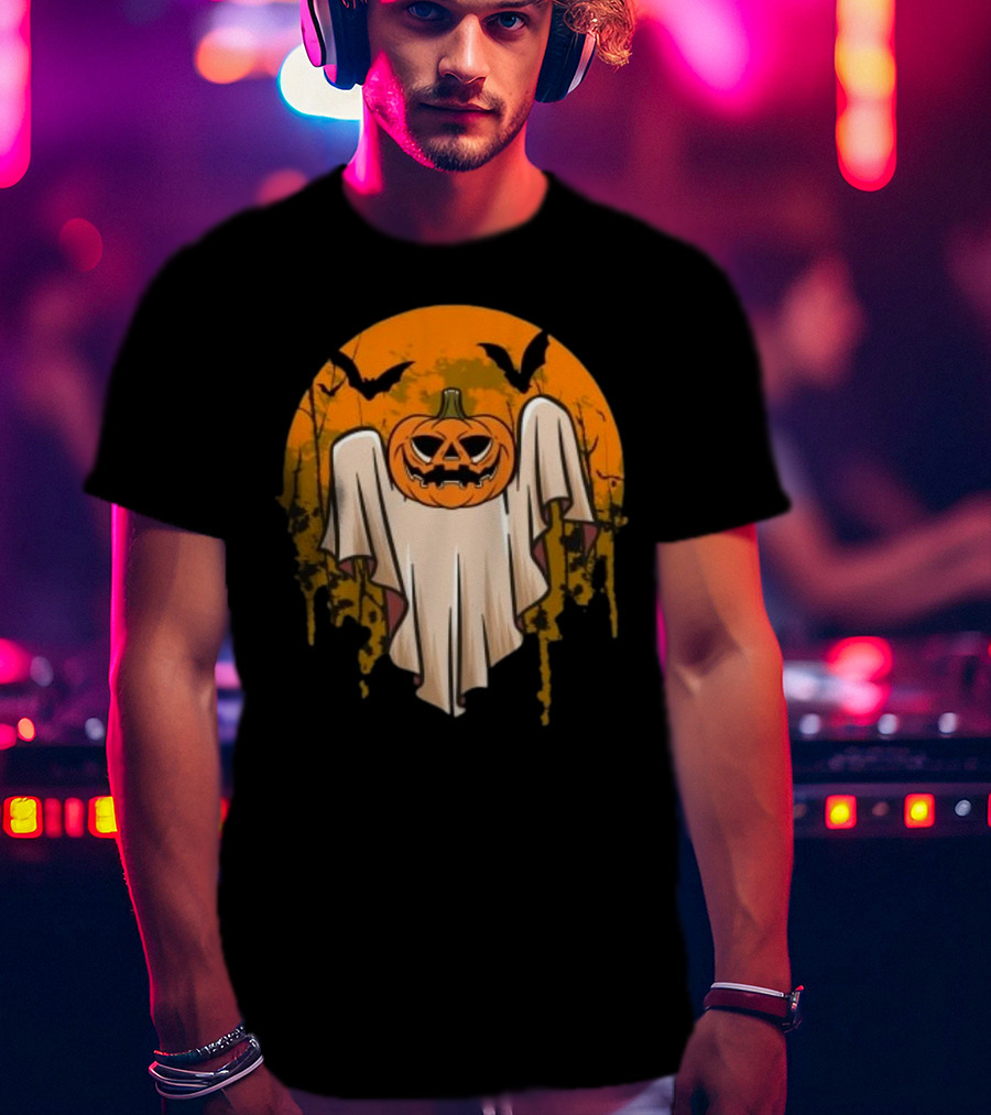 Ghostly Pumpkin Head With Bats And Full Moon T-Shirt