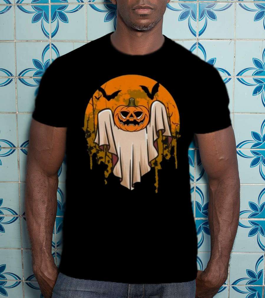 Ghostly Pumpkin Head With Bats And Full Moon T-Shirt