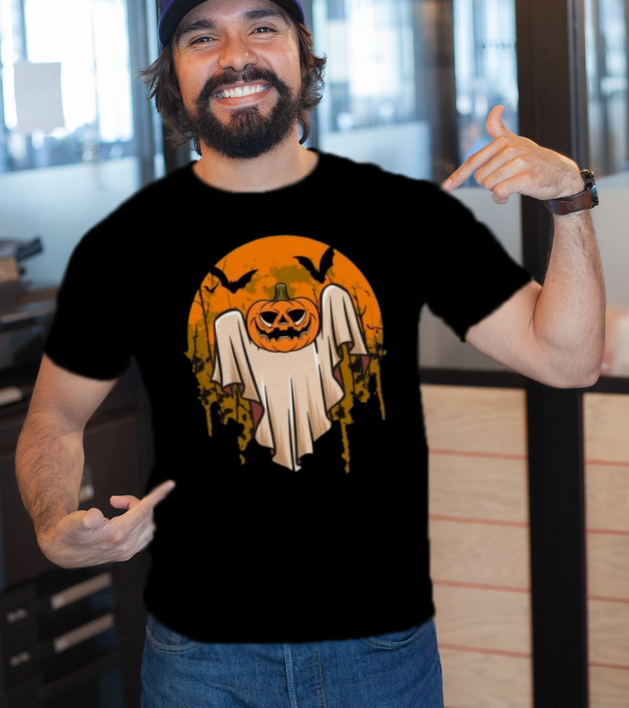 Ghostly Pumpkin Head With Bats And Full Moon T-Shirt
