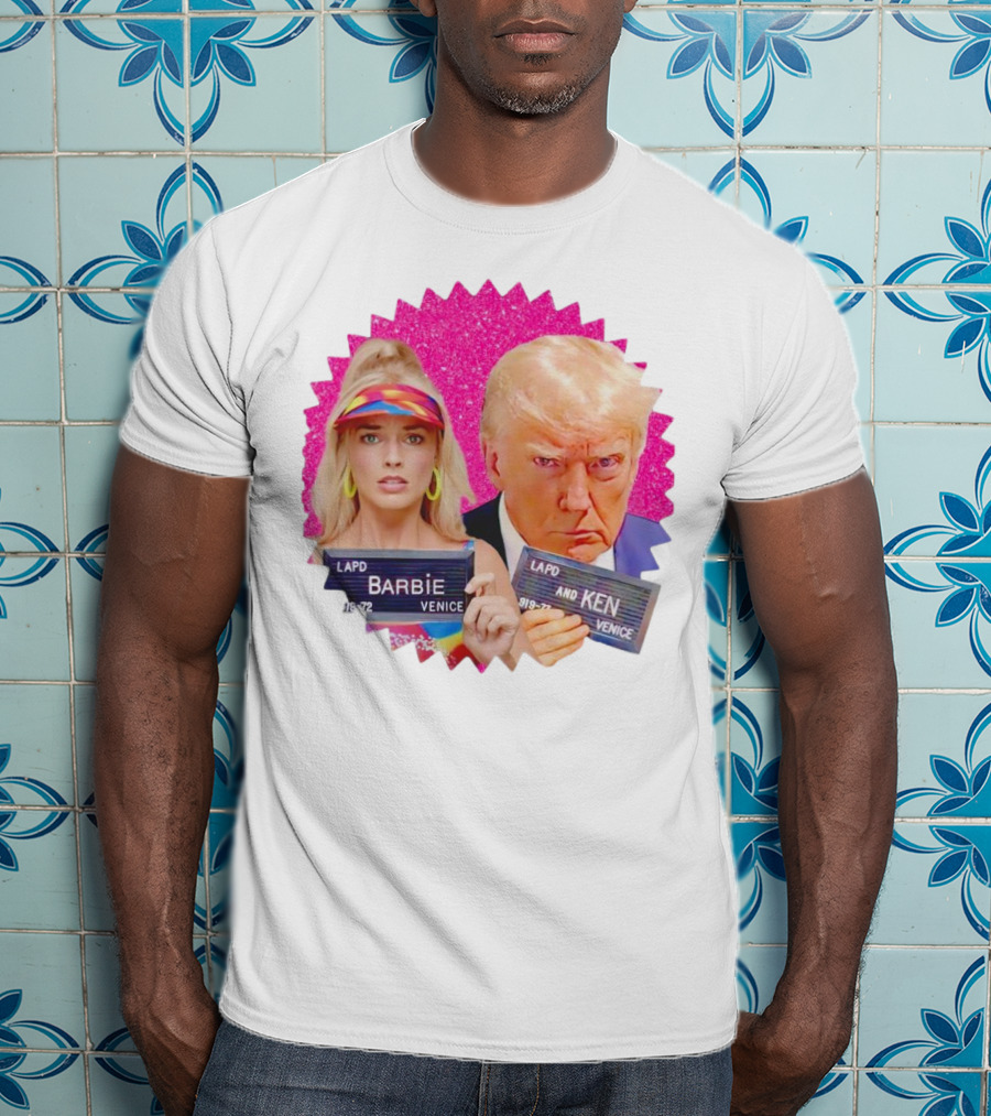 LAPD Barbie Ken Mugshot Venice Glam Glitter Background T-Shirt