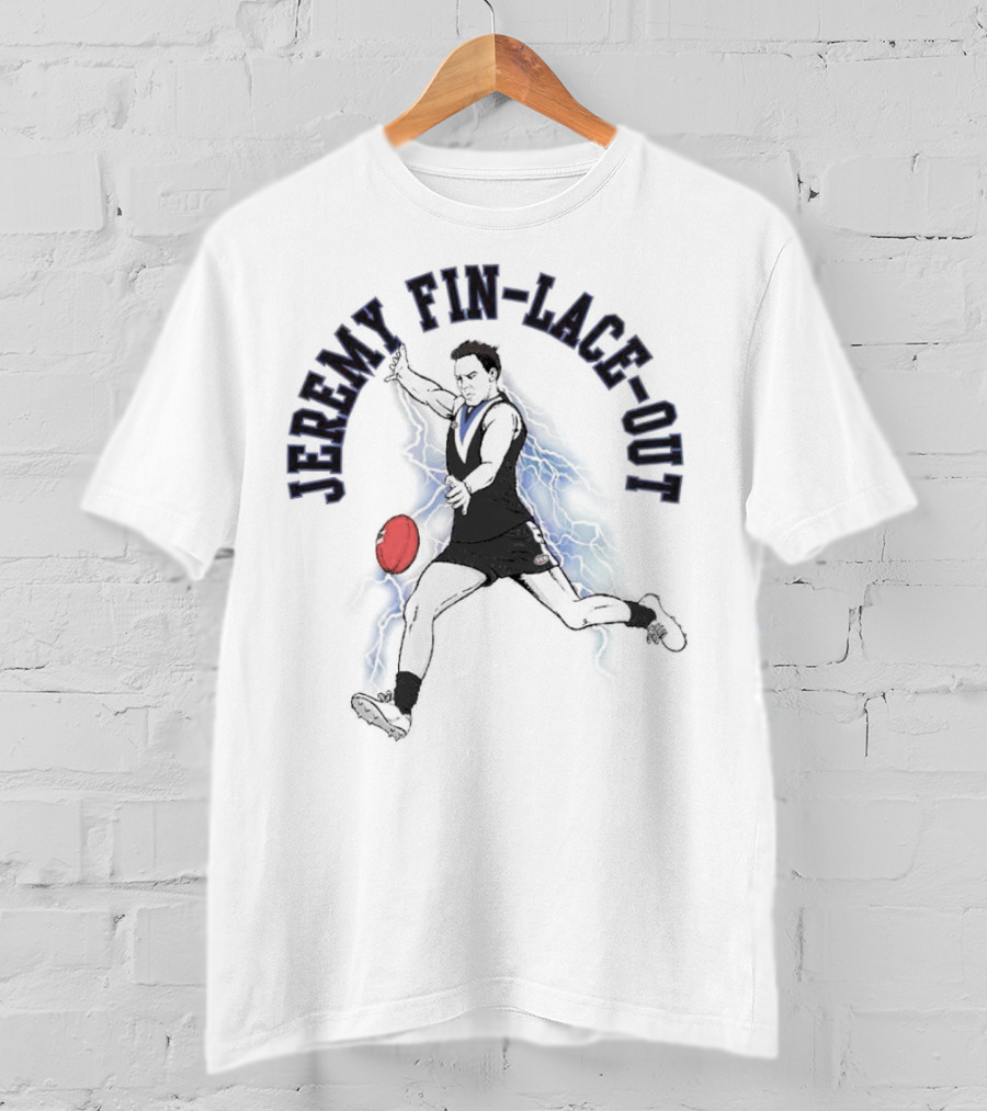 Jeremy Fin-lace-out AFL Kicking Action With Blue Lightning And Red Football T-Shirt