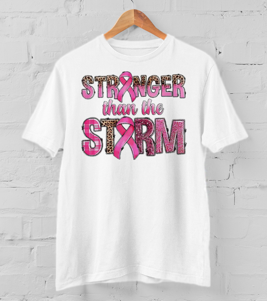 Stronger Than The Storm Breast Cancer Awareness Pink Ribbon Leopard Zebra Print T-Shirt