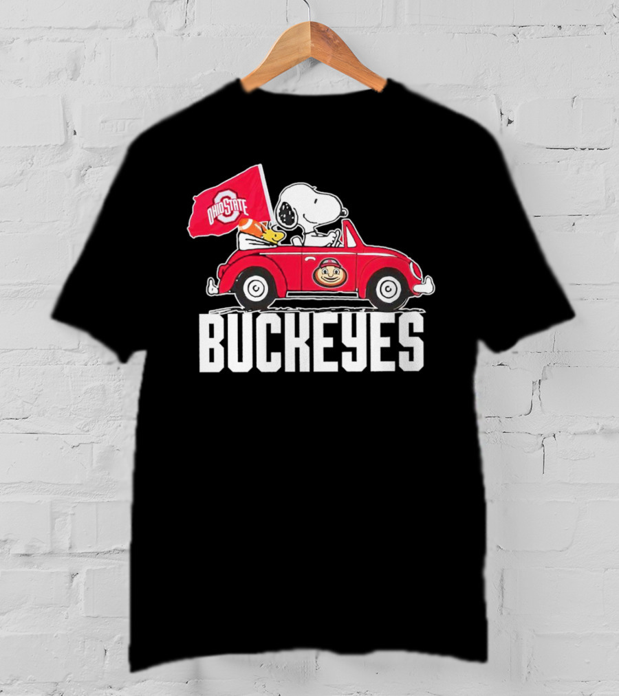 Snoopy And Woodstock Driving Red Car With Ohio State Buckeyes Flag T-Shirt
