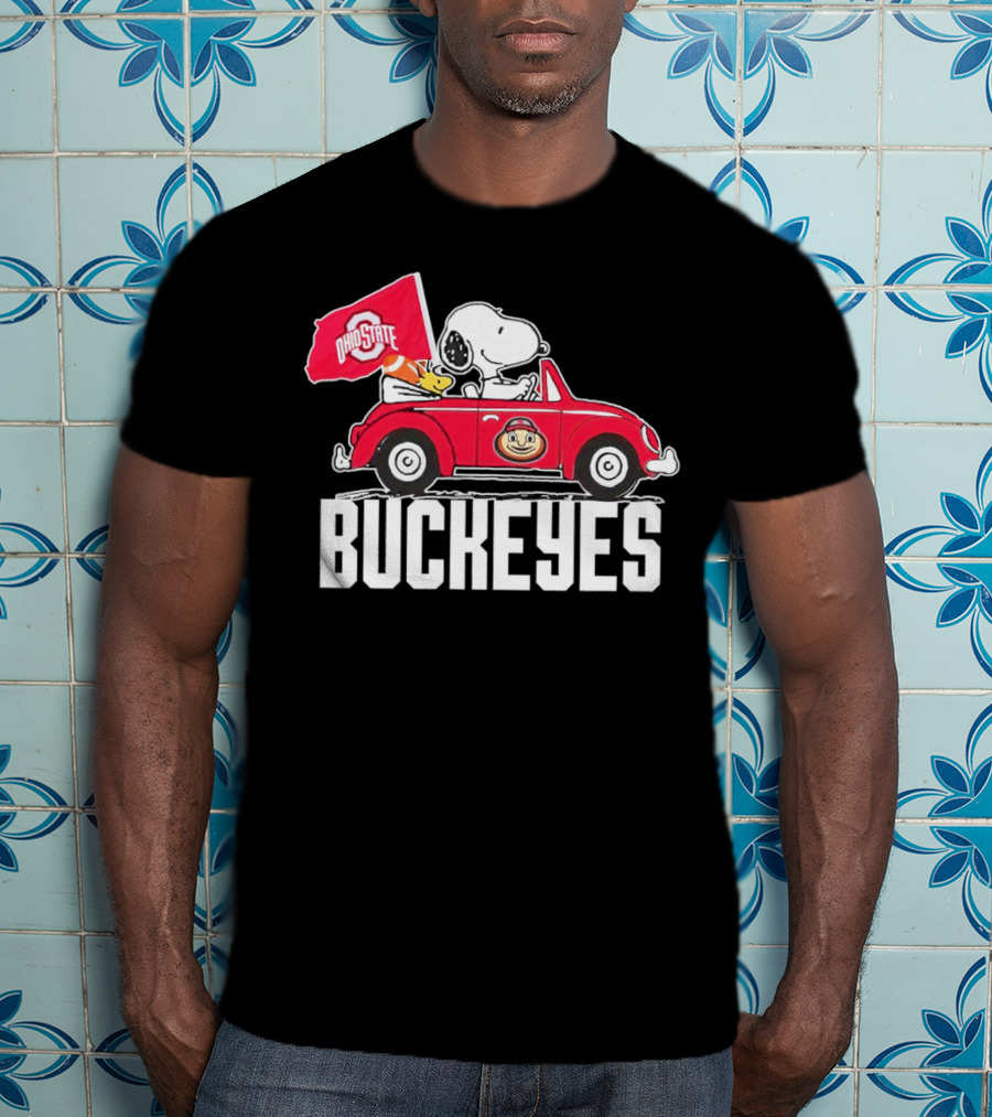 Snoopy And Woodstock Driving Red Car With Ohio State Buckeyes Flag T-Shirt