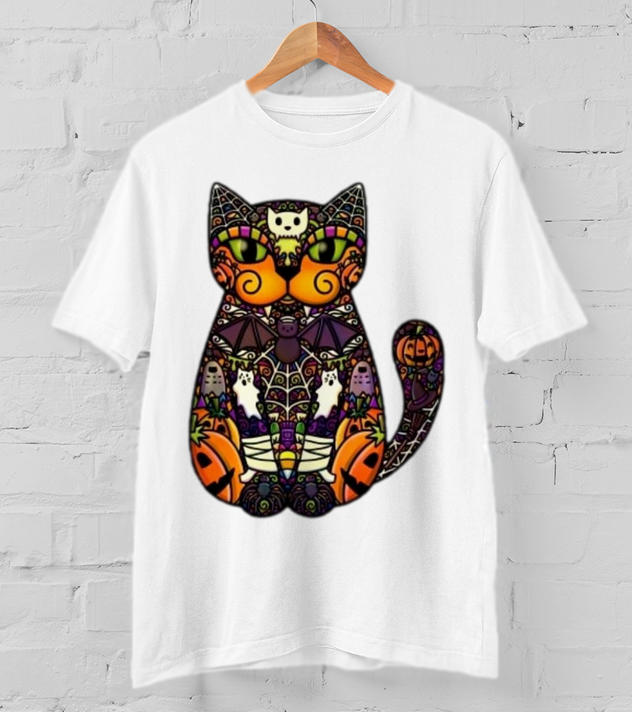 Halloween Cat With Pumpkins Ghosts And Bats T-Shirt