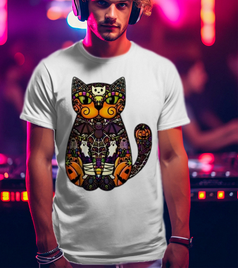 Halloween Cat With Pumpkins Ghosts And Bats T-Shirt