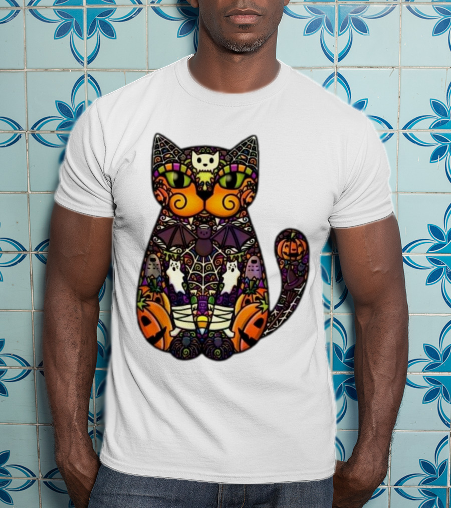 Halloween Cat With Pumpkins Ghosts And Bats T-Shirt