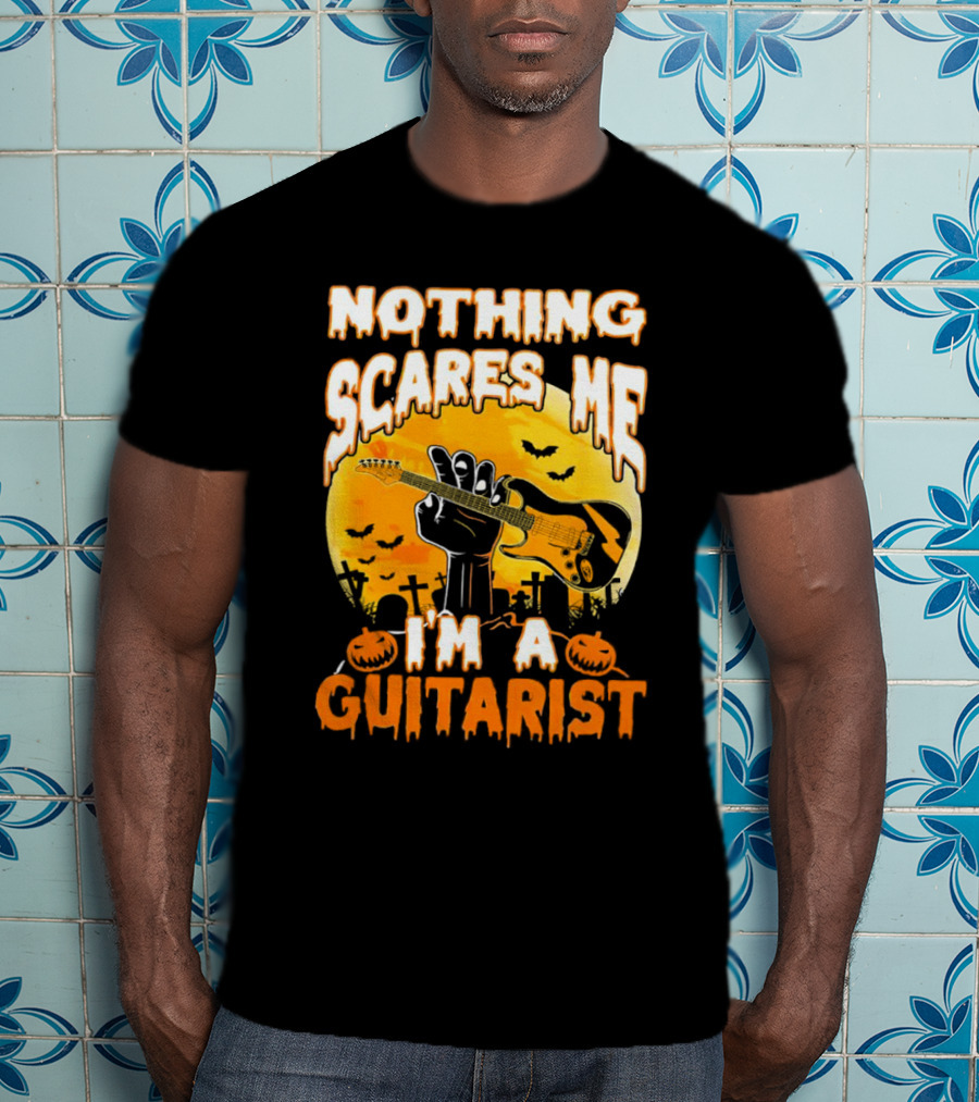 Nothing Scares Me I'm A Guitarist Music Vintage Halloween Graveyard Scene Guitar Hand Pumpkins Bats T-Shirt