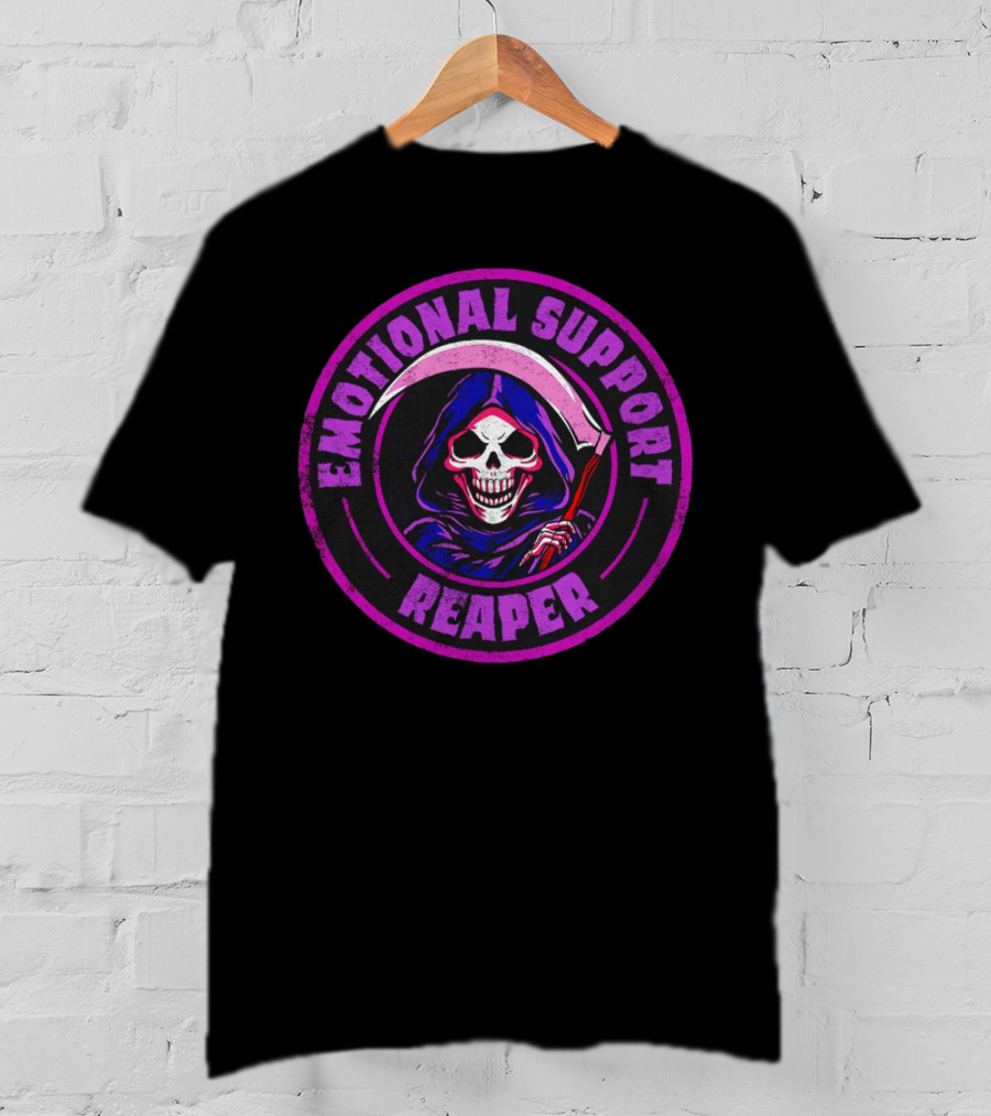 Emotional Support Reaper Skeleton With Scythe In Purple Hood T-Shirt