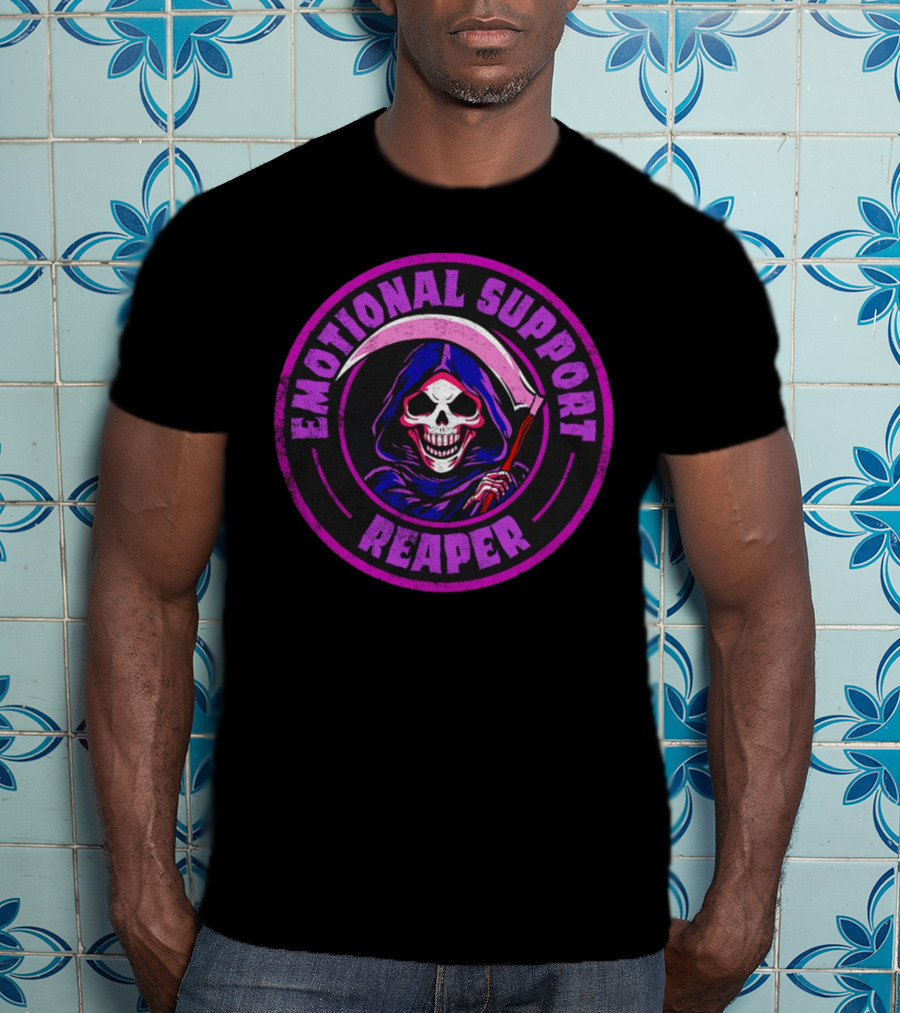 Emotional Support Reaper Skeleton With Scythe In Purple Hood T-Shirt