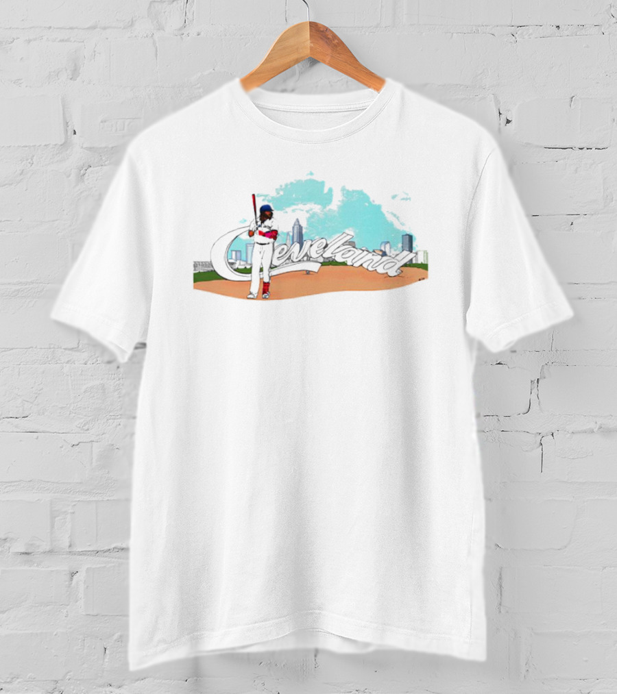 Cleveland Skyline Baseball Player With Bat And Clouds T-Shirt