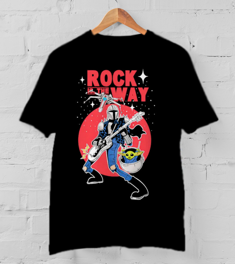 Rock Is The Way Din Djarin And Grogu Playing Guitar In Front Of Red Moon T-Shirt
