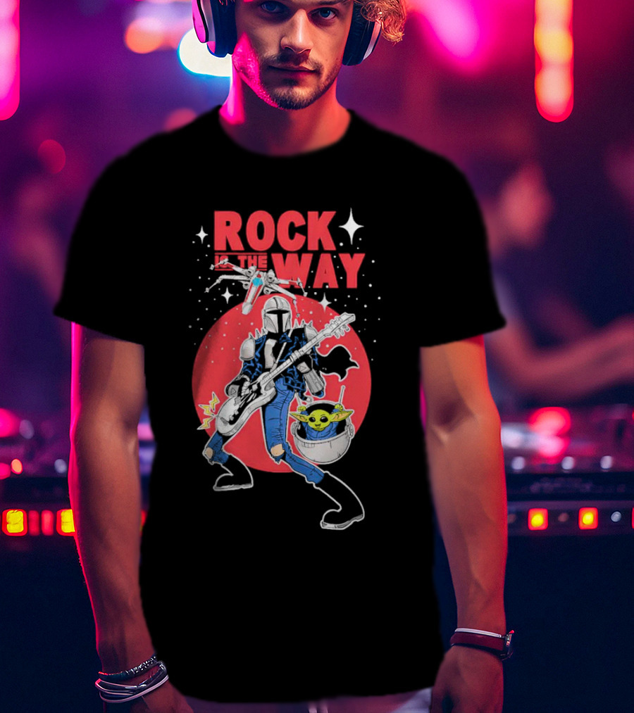 Rock Is The Way Din Djarin And Grogu Playing Guitar In Front Of Red Moon T-Shirt