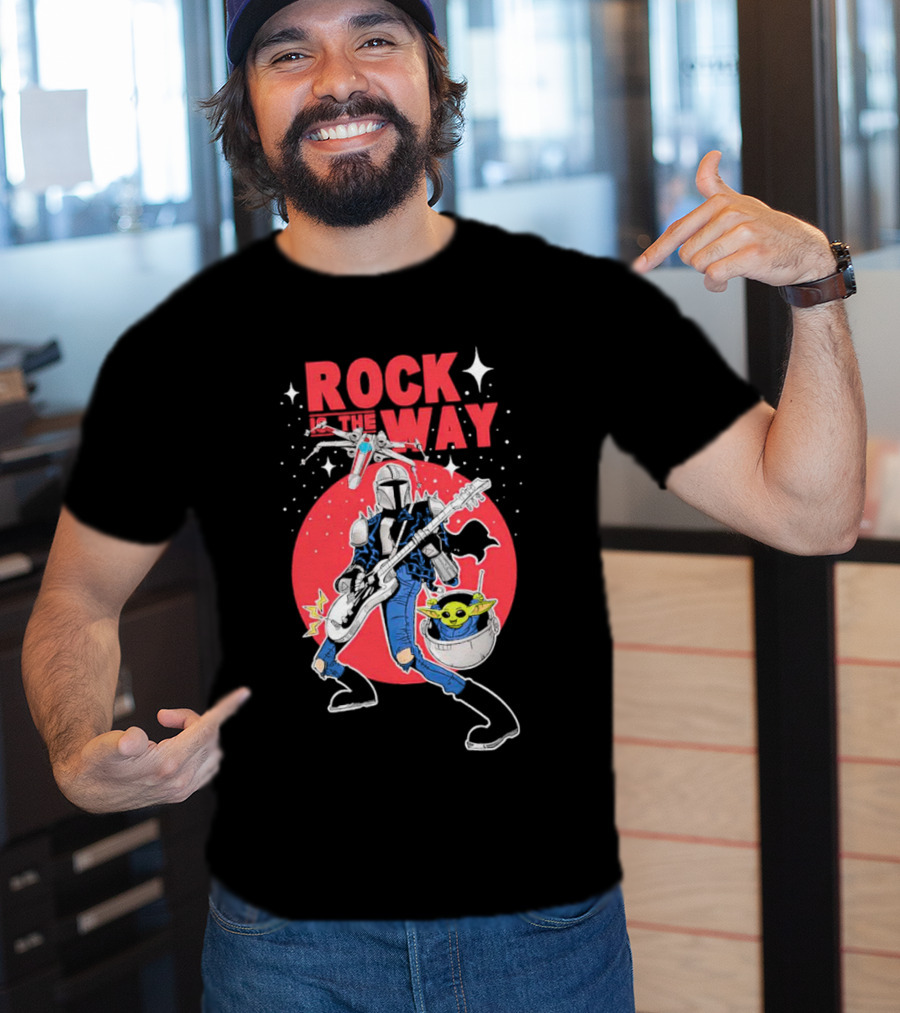 Rock Is The Way Din Djarin And Grogu Playing Guitar In Front Of Red Moon T-Shirt